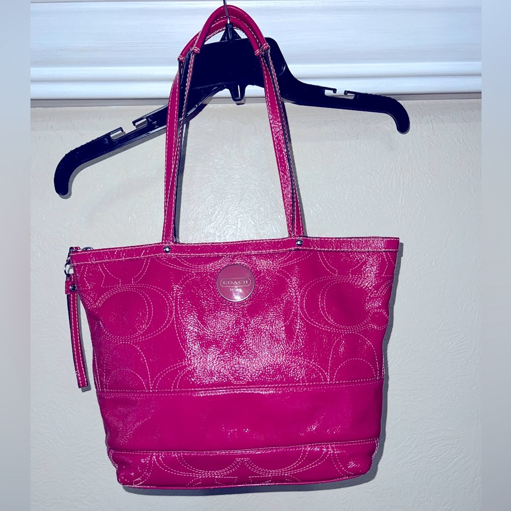 Coach raspberry pink patent stitched leather zip top bag